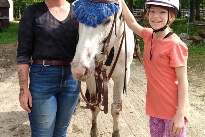 a little girl standing next to a horse