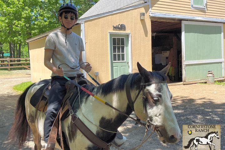 a man riding a horse in front of a building