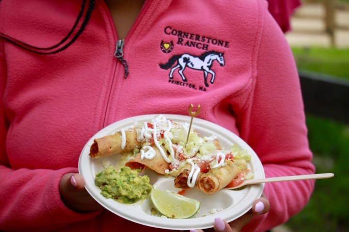 a person sitting at a table with a plate of food