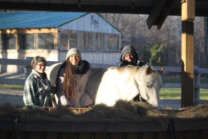 a person riding a horse next to a fence
