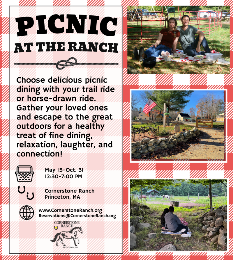 Flyer for 'Picnic at the Ranch' with photos of people, horses, and outdoor dining details.