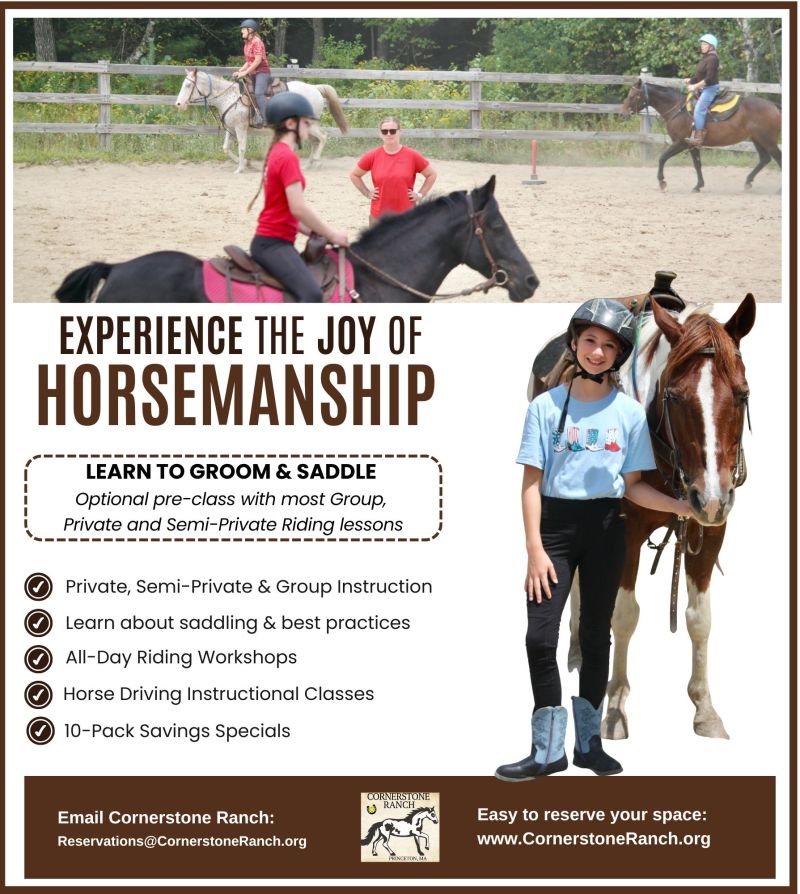 Horsemanship Instruction Riding Lessons (1) Children riding horses in a sandy arena with text promoting horsemanship classes at Cornerstone Ranch.