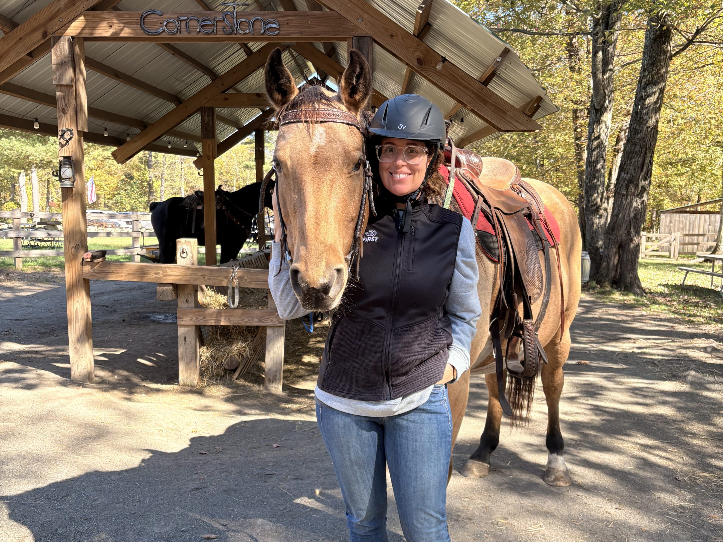 Person wearing a helmet stands beside a saddled horse near a wooden shelter.