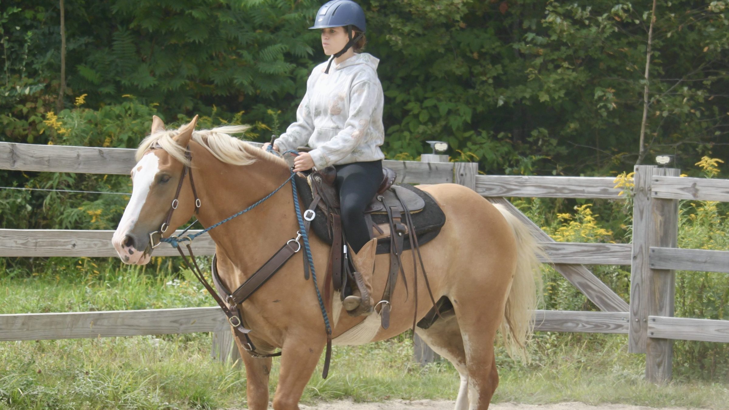 Person wearing a helmet riding a tan horse in an outdoor fenced area.