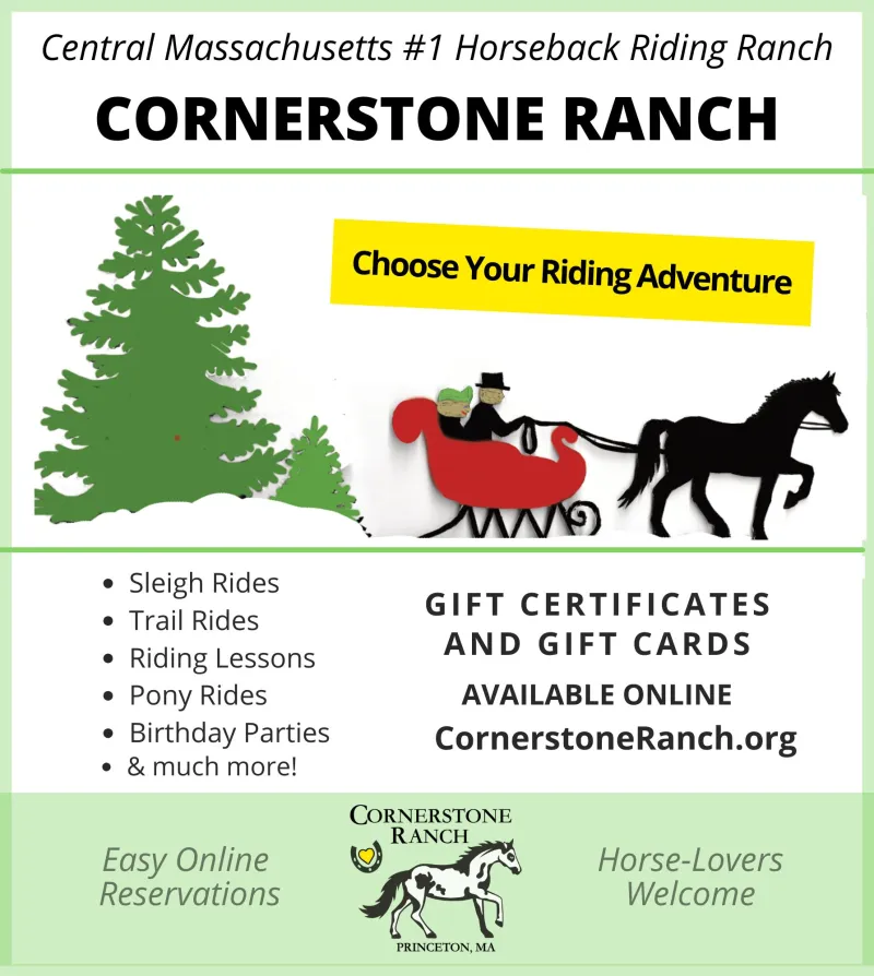 Cornerstone Ranch ad for horseback rides, sleigh rides, lessons, and gift certificates.