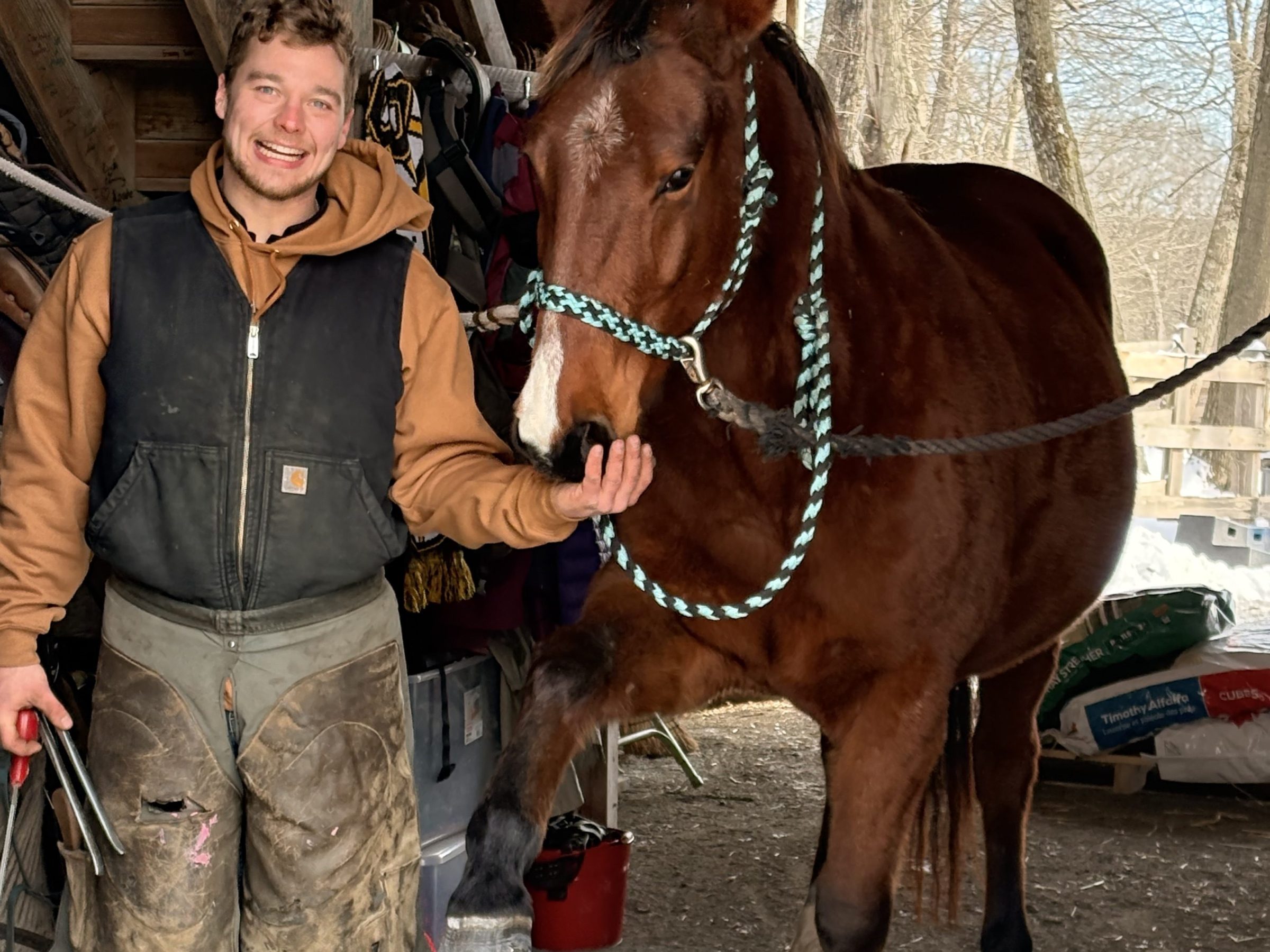 Person smiling beside a horse with a raised hoof on a stand in a stable.