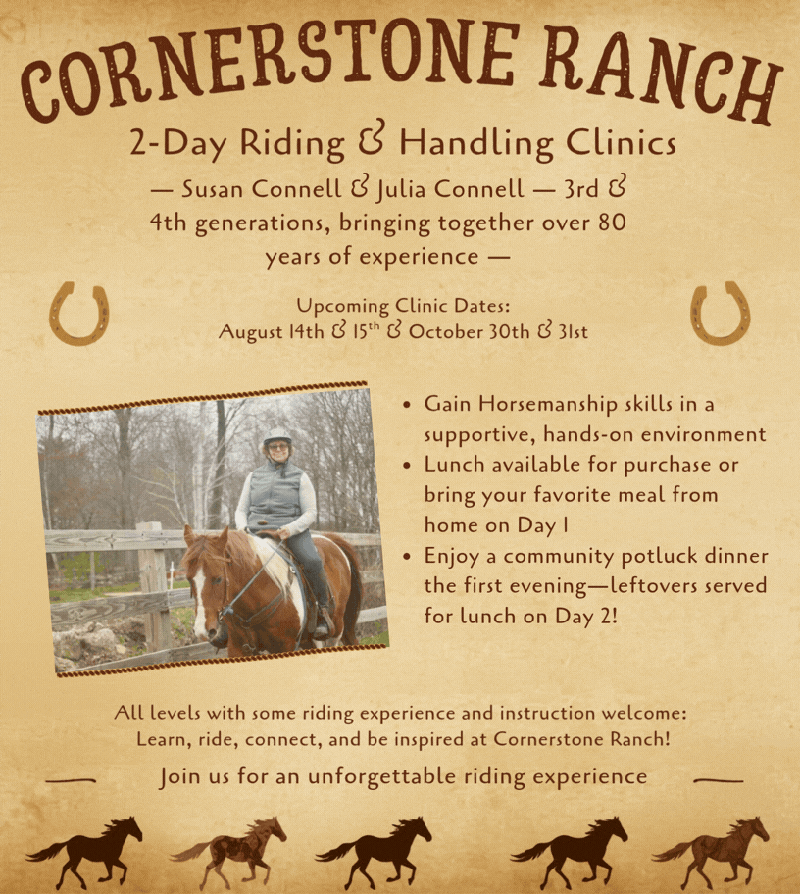 Flyer for Cornerstone Ranch riding clinics with event details and a horse rider image.