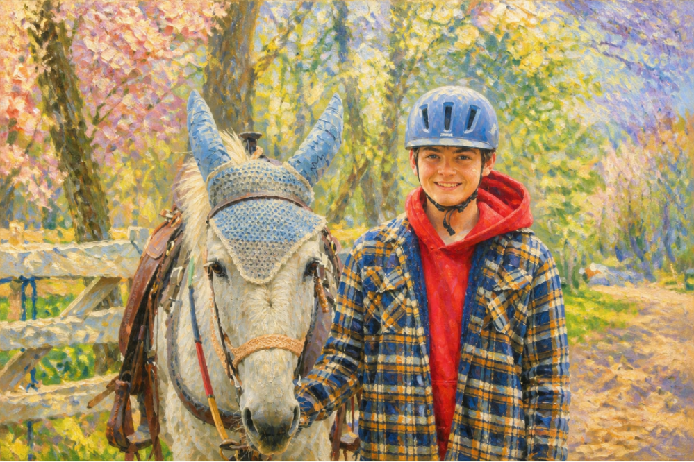 Person in plaid shirt and helmet with horse in colorful, scenic garden.